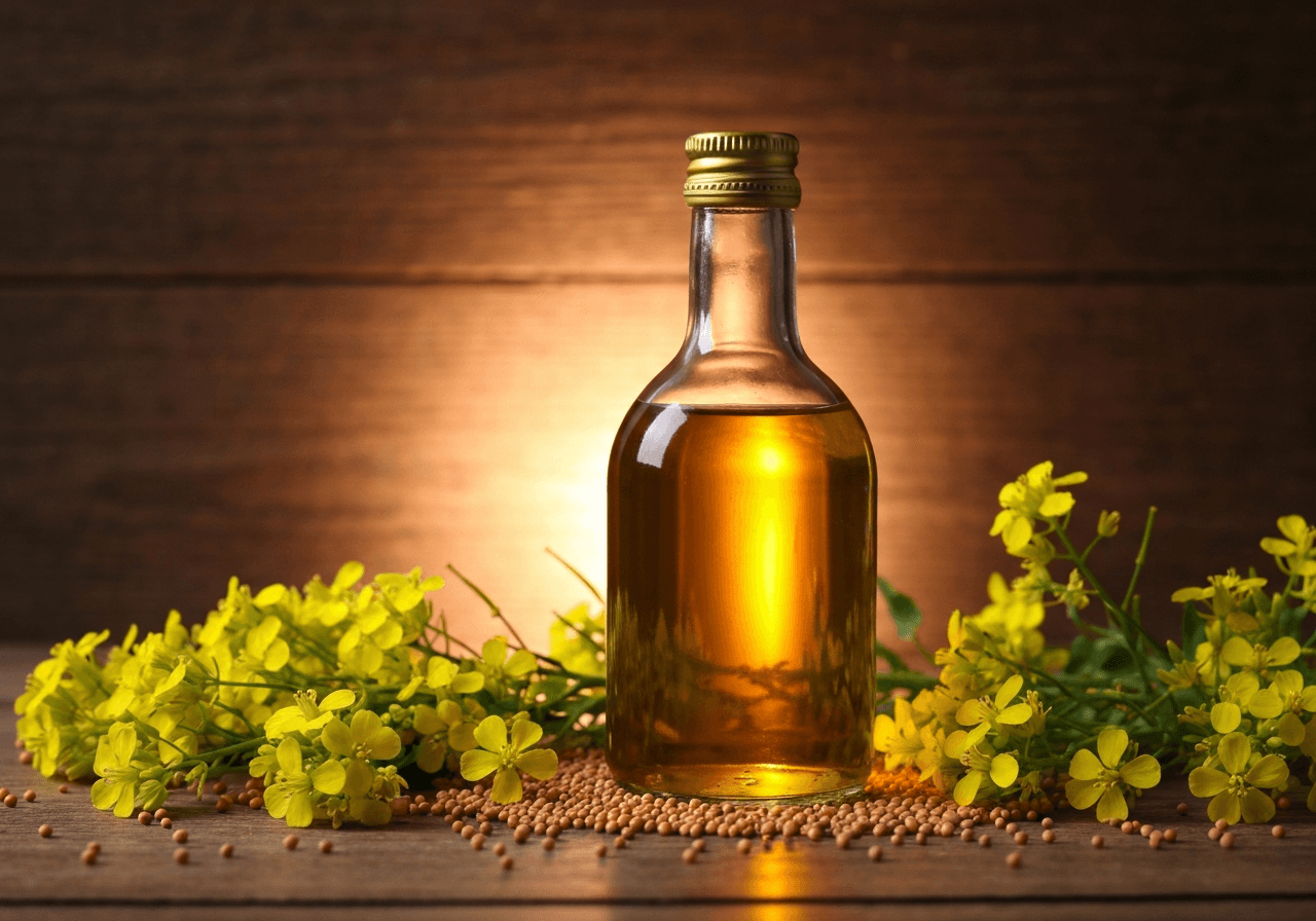 Organic mustard oil bottle with fresh mustard flowers